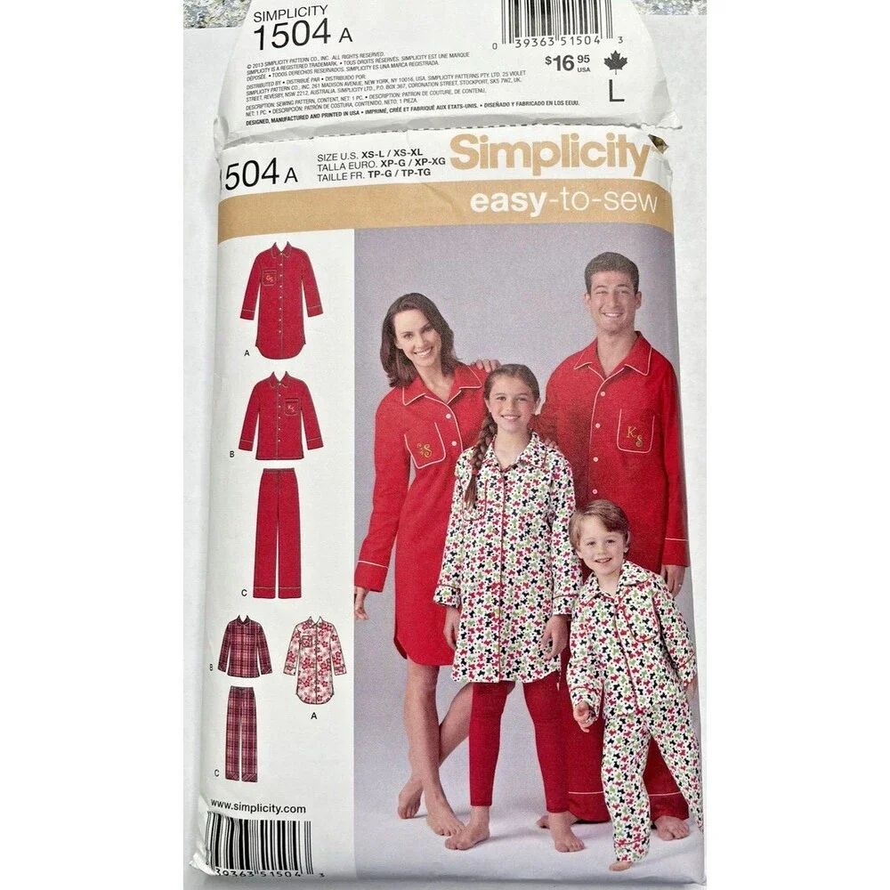 Simplicity Pajamas Pattern 1504 Size XS-XL Children, Adults preowned